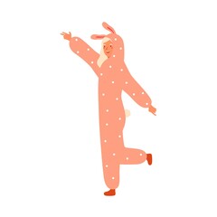 Funny young woman dancing in rabbit kigurumi at carnival party. Female animator wearing animal costume. Cheerful performer in cozy plush pajamas. Flat vector cartoon illustration isolated on white