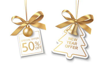 New Year winter and Christmas sale price tags template. Set of decorative labels with golden  Christmas bell, ball and gold bow isolated on white. Vector stock illustration. - 398192686