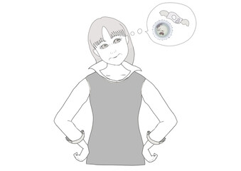 女性がコロナ問題でお金の事を考える白黒イラスト