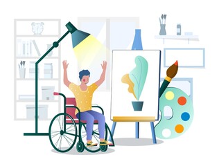 Happy young man using wheelchair admiring piece of art, flat vector illustration. Arts therapy, healing and mental wellbeing.
