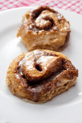 Hand made tasty cinnamon swirl on a white plate. Pastry product.