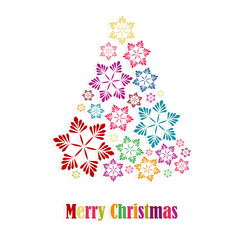 Greeting card 2021. Colorful Christmas tree made of snowflakes on a white background with the wish 