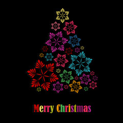 Obraz premium Greeting card 2021. Colorful Christmas tree made of snowflakes on a black background with the wish 