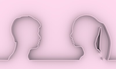 Man and woman silhouettes looking at each other. Happy valentines day and wedding design elements. Side view. Horizontal thin line style web banner. 3D rendering.