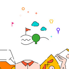 Country club landscape filled line vector icon, simple illustration, golf related bottom border.