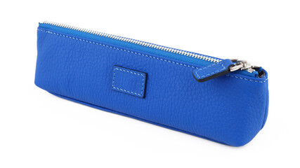New blue leather pencil case isolated on white