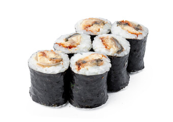 Maki sushi roll with eel isolated on white