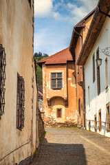 Historic street in centre of Kremnica, important medieval mining town, Slovakia, Europe.