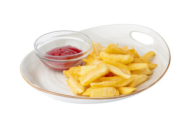 French fries with ketchup sauce on white plate
