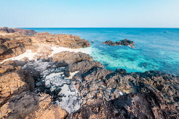 Be island ( small island, Bo Bai island ) with local colorful basket boats at Ly Son island, Quang...