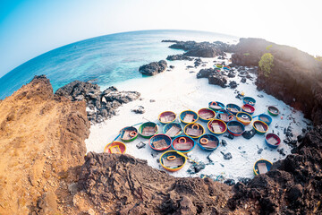 Be island ( small island, Bo Bai island ) with local colorful basket boats at Ly Son island, Quang Ngai Province, Viet Nam