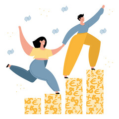 Family of Woman and man climbing on money graph. Happy Couple making money, reach financial success. Personal finance, personal capital, financial goals, financial and business growth concepts. 