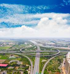 Transport junction traffic road with vehicle movement aerial view by drone