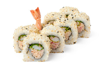 Sushi roll with shrimp and sesame isolated on white