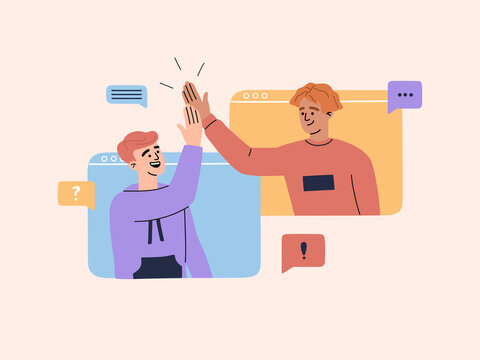 Two happy young guys have online video conference at computer screen, chatting with friends or colleagues, smiling man giving high five and have conversation, vector illustration in flat cartoon style