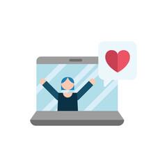 woman and laptop with heart of love feeling in speech bubble