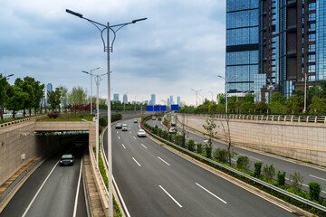 city highway interchange in shanghai on traffic rush hour