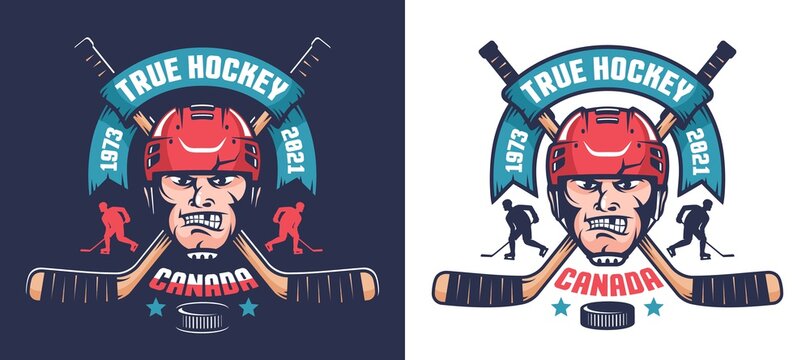 Hockey team emblem with player head and crossed sticks. Retro sport logo. Vector illustration.