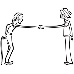 old man and man in medical masks standing in the distance shake hands emanating from hearts
