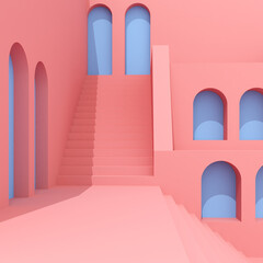 3D Illustration of minimal architecture, Abstract building with stairs.