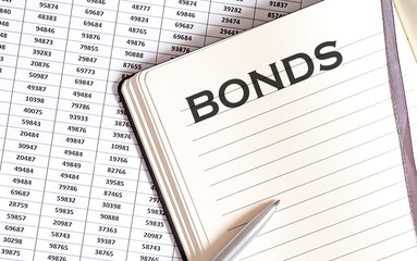 Obraz premium Business concept, on the table a notepad with the text of the BONDS , profit, loss and graph