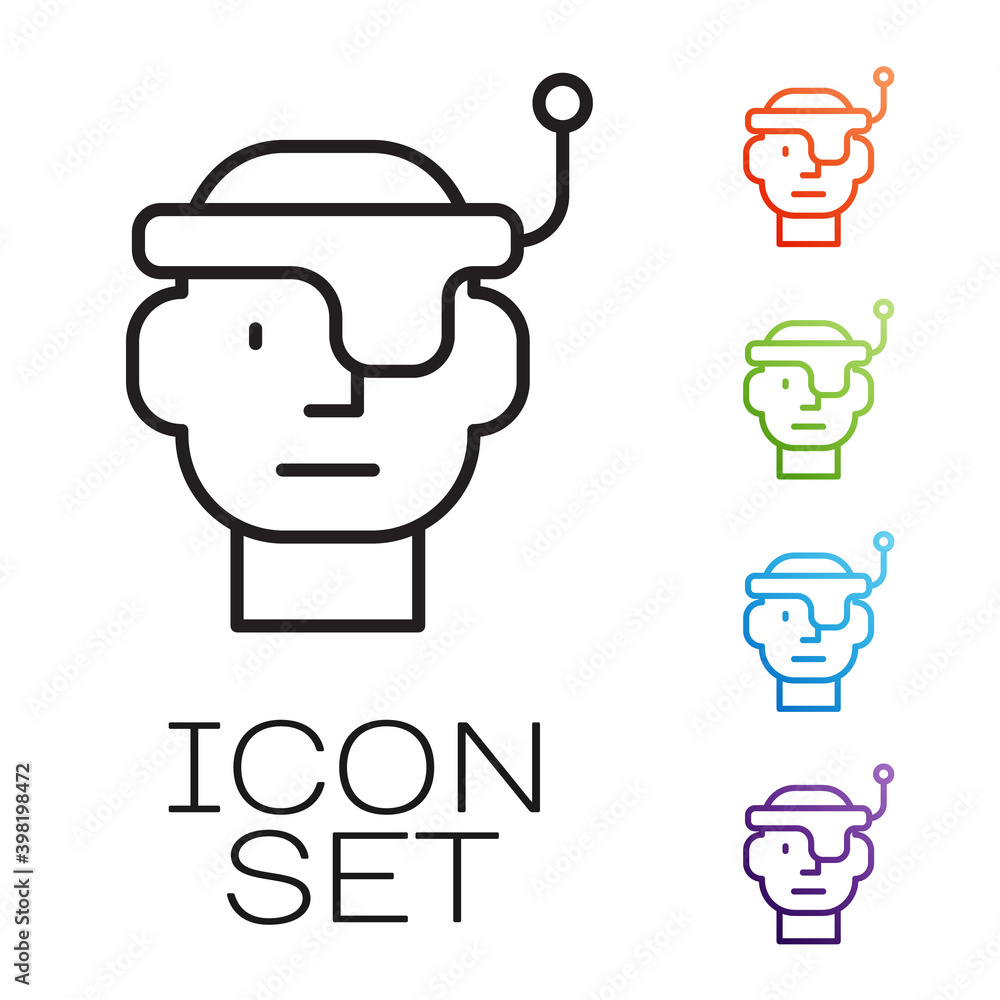Poster Black line Smart glasses mounted on spectacles icon isolated on white background. Wearable electronics smart glasses with camera and display. Set icons colorful. Vector.