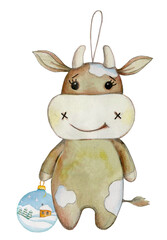 New Year Tree toys, cow with ball. Colorful watercolor illustration. Isolated on white background.