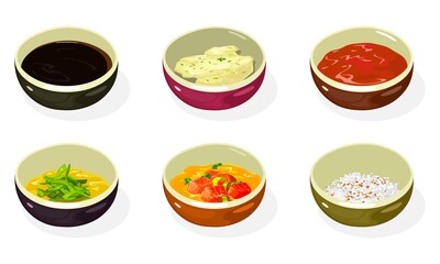 Big set of asian sauces, pastes, condiments, seasonings in bowls soy, cheese, honey mustard, spicy kimchi, crushed roasted sesame seeds and peanuts. Korean cuisine. Vector isolated on white.