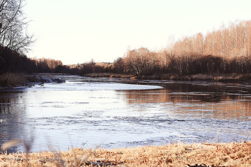 freezing river november december, seasonal landscape in nature winter
