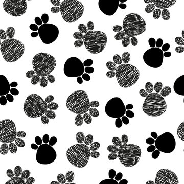 Doodle cute black paw prints seamless pattern