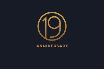 Number 19 logo,  gold line circle with number inside, usable for anniversary and invitation, golden number design template, vector illustration