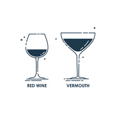Glassware vermouth and red wine line art in flat style. Restaurant alcoholic illustration for celebration design. Contour element. Beverage outline icon. Isolated on white background in graphic style