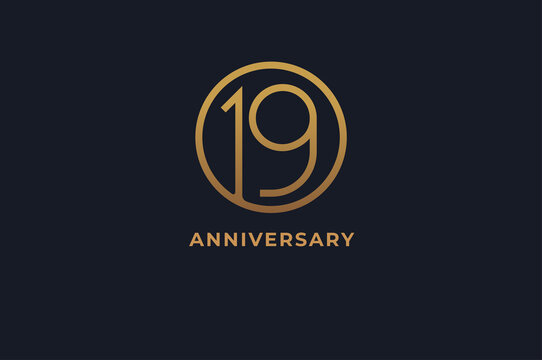 Number 19 logo,  gold line circle with number inside, usable for anniversary and invitation, golden number design template, vector illustration