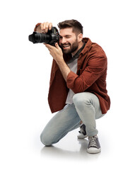 photography, profession and people and concept - happy smiling man or photographer with digital...