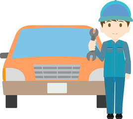 グーをするスパナを持つ整備士と可愛い車のイラスト Wall Mural Foolchico グーをするスパナを持つ整備士と可愛い車のイラスト Wall Mural Foolchico