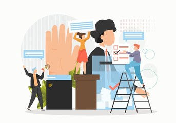 Election campaign characters, flat vector illustration. Politician, political candidate, activist, voter. Polling day.