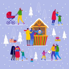 Obraz premium Christmas market with people walking between wooden kiosks buying snacks,gifts, decoration. Christmas fair poster with traditional winter bazaar. Vector collection for invitation card, flyer design