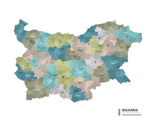 Bulgaria higt detailed map with subdivisions. Administrative map of Bulgaria with districts and cities name, colored by states and administrative districts. Vector illustration.