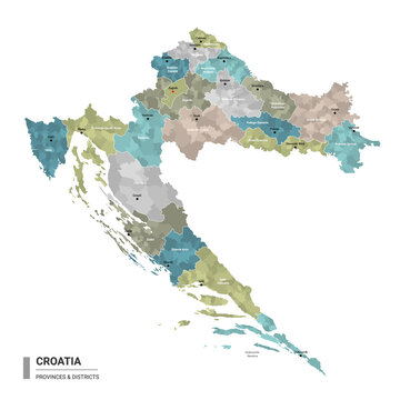 Croatia higt detailed map with subdivisions. Administrative map of Croatia with districts and cities name, colored by states and administrative districts. Vector illustration.