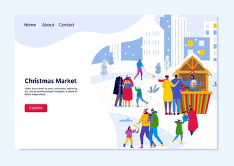 Landing page template for Christmas market with people walking between wooden kiosks buying snacks, gifts, decoration. Christmas fair poster with traditional winter bazar. Vector for flyer design