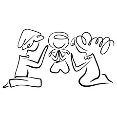 parents and child pray to God together on their knees