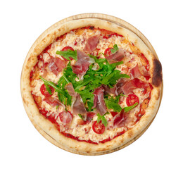 Pizza with proscuitto on wooden board isolated on white