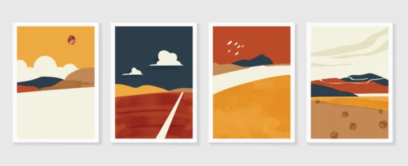 Mountain and landscape wall arts collection. Abstract art with land, desert, home, way, sun, sky. Design for wall art home decoration, prints, digital and smart phone wallpaper, fabric and background © TWINS DESIGN STUDIO
