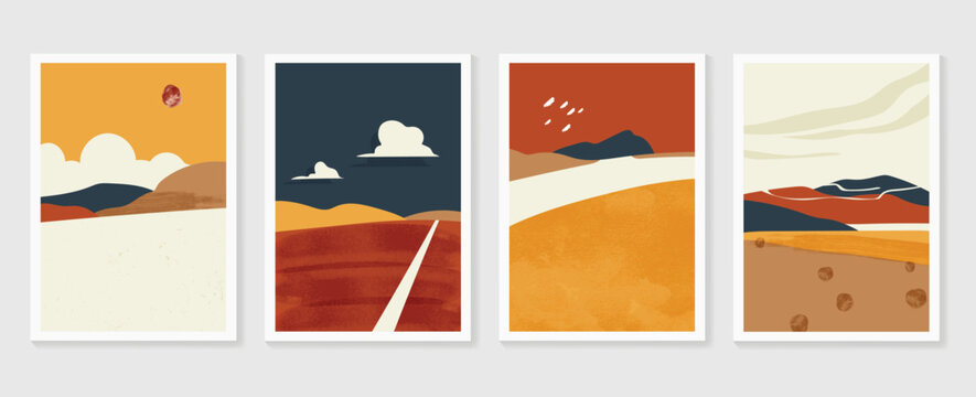 Mountain and landscape wall arts collection. Abstract art with land, desert, home, way, sun, sky. Design for wall art home decoration, prints, digital and smart phone wallpaper, fabric and background
