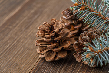 Pine cone and green branch on wooden table .Christmas card. Pine cones on wooden background.
