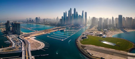Foto op Plexiglas Dubai Marina skyscrapers panorama with popular JBR beach in the UAE aerial view © creativefamily