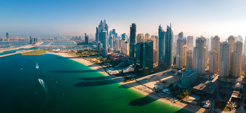 JBR beach and Dubai Marina skyscrapers aerial view