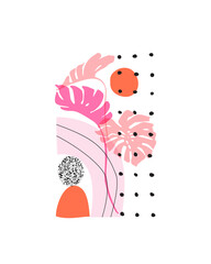 Modern geo layout: geometric natural rounded shapes, tropical leaves silhouettes, grain texture in 80s, 90s minimal flat style