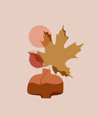Autumn leaves simple composition. Fall maple leaf in vase minimal art background