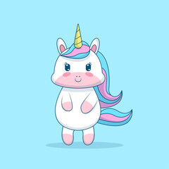 Cute unicorn with rainbow hair on blue background.